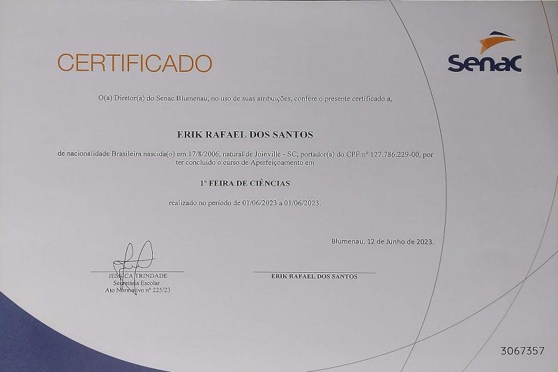Imagem do certificado: 1º Feira de Ciências