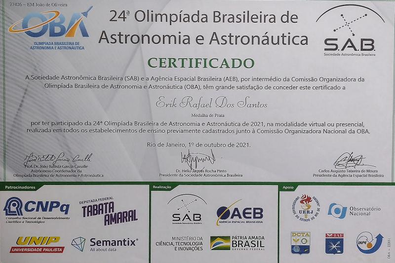 Imagem do certificado: Certificado de Medalha de Prata na 24º Olimpíada Brasileira de Astronomia e Astronáutica